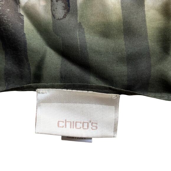 Chico’s silk scarf wrap shawl khaki green & white mod abstract stripes fringe - Picture 4 of 13